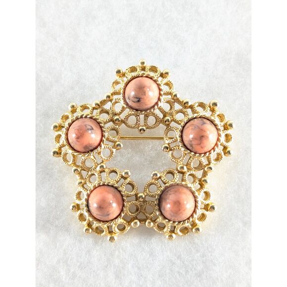 Open Gold Tone and Marbled Pink Tone Brooch - Picture 6 of 9